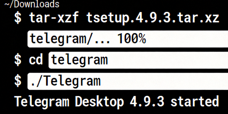 Linux终端界面显示解压Telegram压缩包和运行启动命令的过程