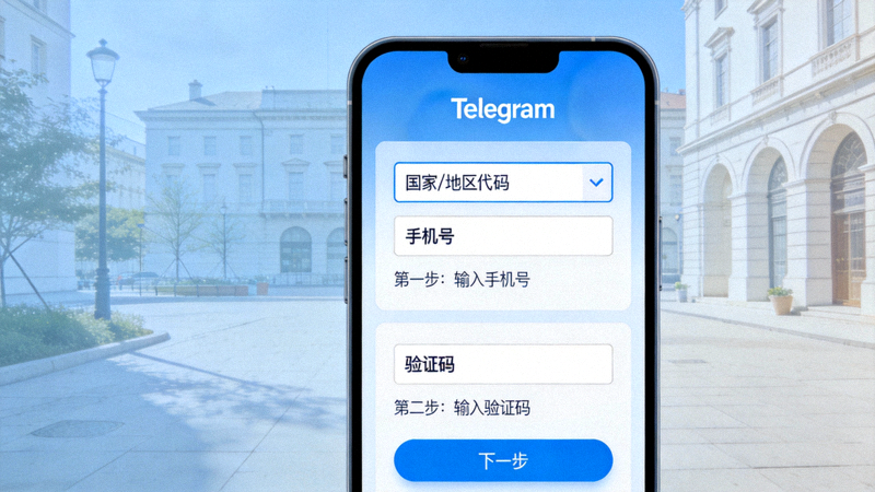 手机登录Telegram应用界面，展示输入手机号和验证码的步骤图解