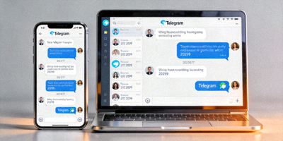 手机和电脑屏幕同步显示Telegram聊天界面的场景