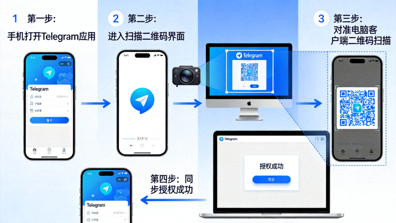 手机Telegram应用扫描电脑客户端二维码的同步授权过程示意图