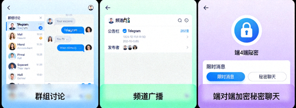 Telegram电脑版界面并列展示群组讨论、频道广播和端对端加密秘密聊天三种模式的对比视图