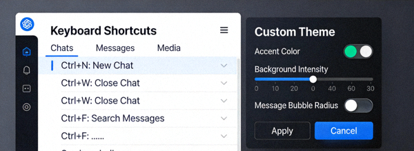 Telegram电脑版快捷键帮助页面截图与深色模式自定义主题设置面板