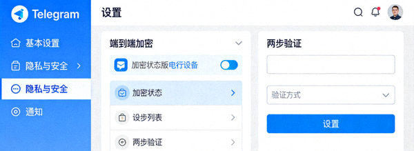 Telegram电脑版设置菜单中隐私与安全选项界面，突出显示端到端加密和两步验证设置