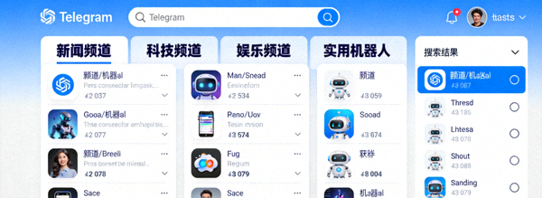 Telegram电脑版探索页面展示各类新闻、科技、娱乐频道和实用机器人的推荐列表与搜索结果