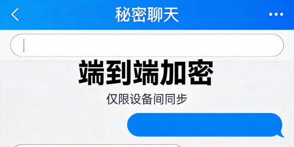 Telegram秘密聊天界面，突出显示端到端加密和仅限设备间同步的提示
