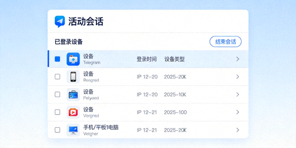 Telegram设置中活动会话管理页面，展示所有已登录设备列表