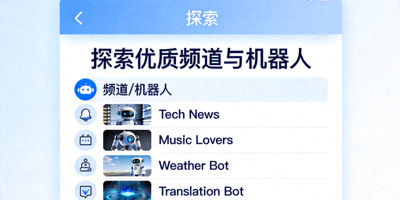 Telegram探索页面中展示的热门新闻、科技、娱乐等各类公开频道列表
