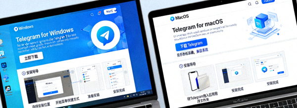 Windows和macOS电脑屏幕上显示Telegram官方下载页面和安装向导的步骤截图