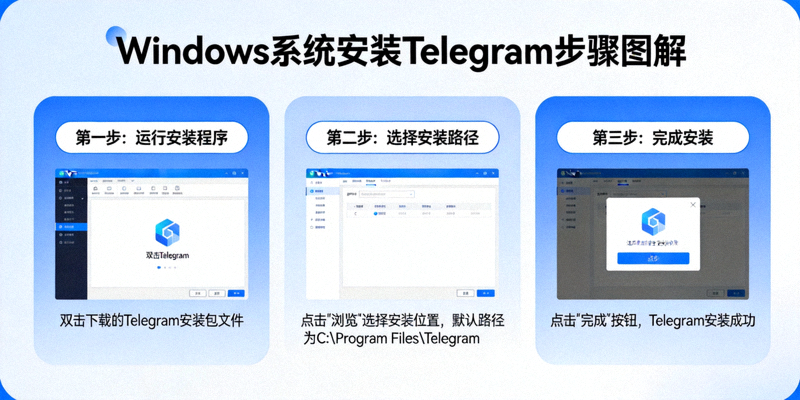 Windows系统安装Telegram的步骤图解，包括运行安装程序、选择安装路径和完成安装