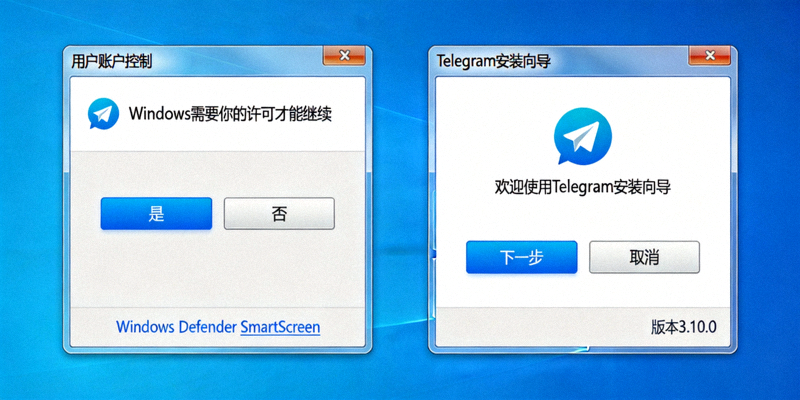 Windows系统用户账户控制UAC弹窗和Telegram安装向导启动界面