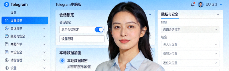 展示Telegram电脑版的会话锁定功能以及本地数据加密设置选项