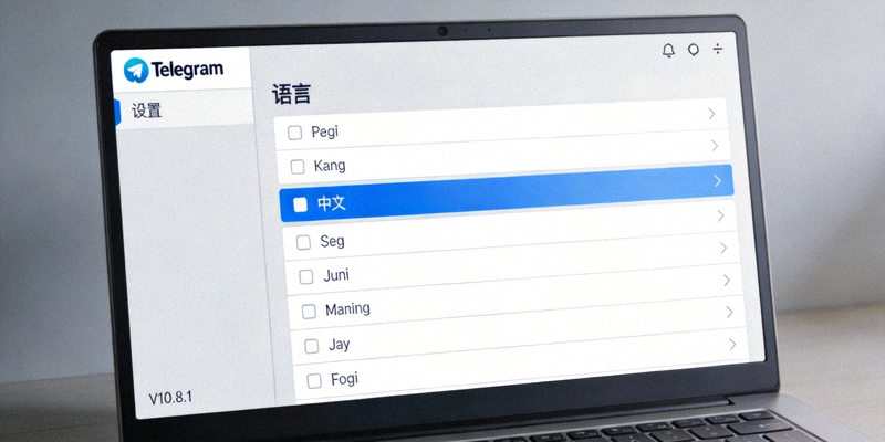 纸飞机中文版Telegram电脑端设置菜单中语言选择界面，高亮显示中文选项